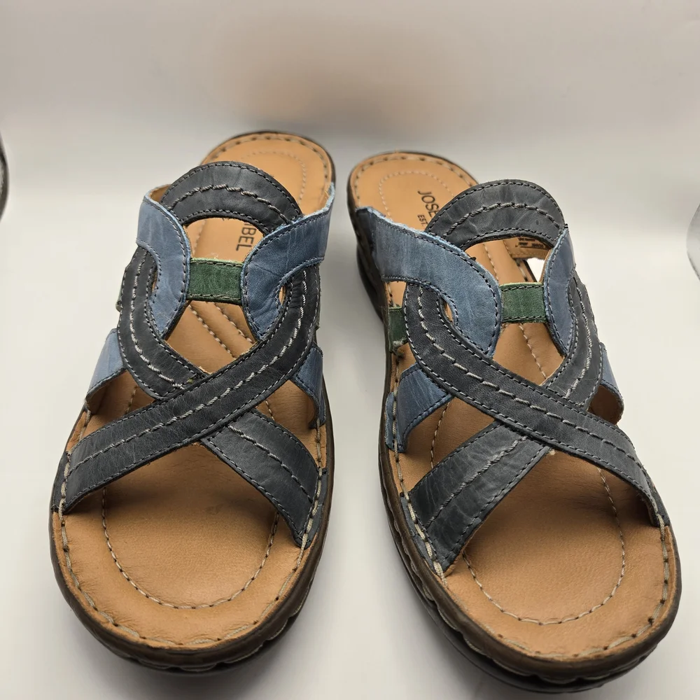 Josef Seibel Women's Blue and Green Slip On Leather Mule Sandals - Picture 2 of 9